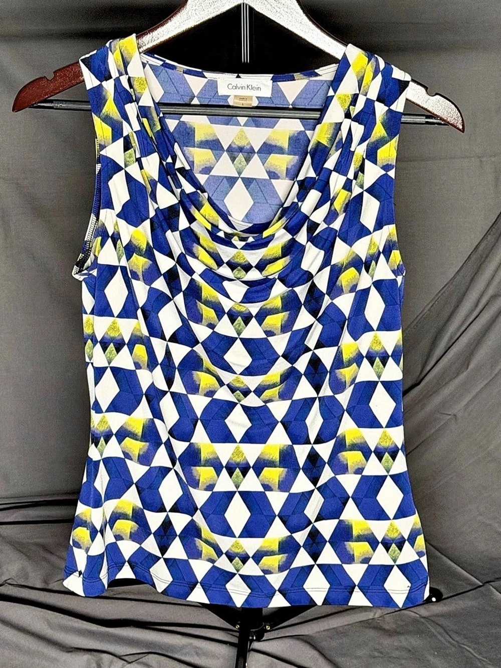 Calvin Klein Sleeveless Geometric Cowl Neck Tank Top in Blue & White Size Small
